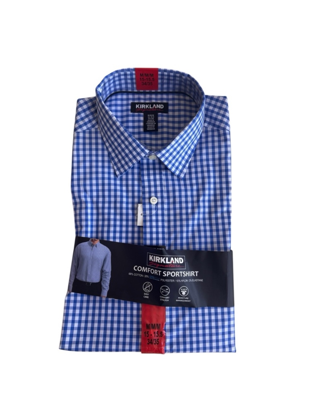 Kirkland Blue Check Plaid CoolMax Collared Button Up Men Sz M 15-15.5 34/35